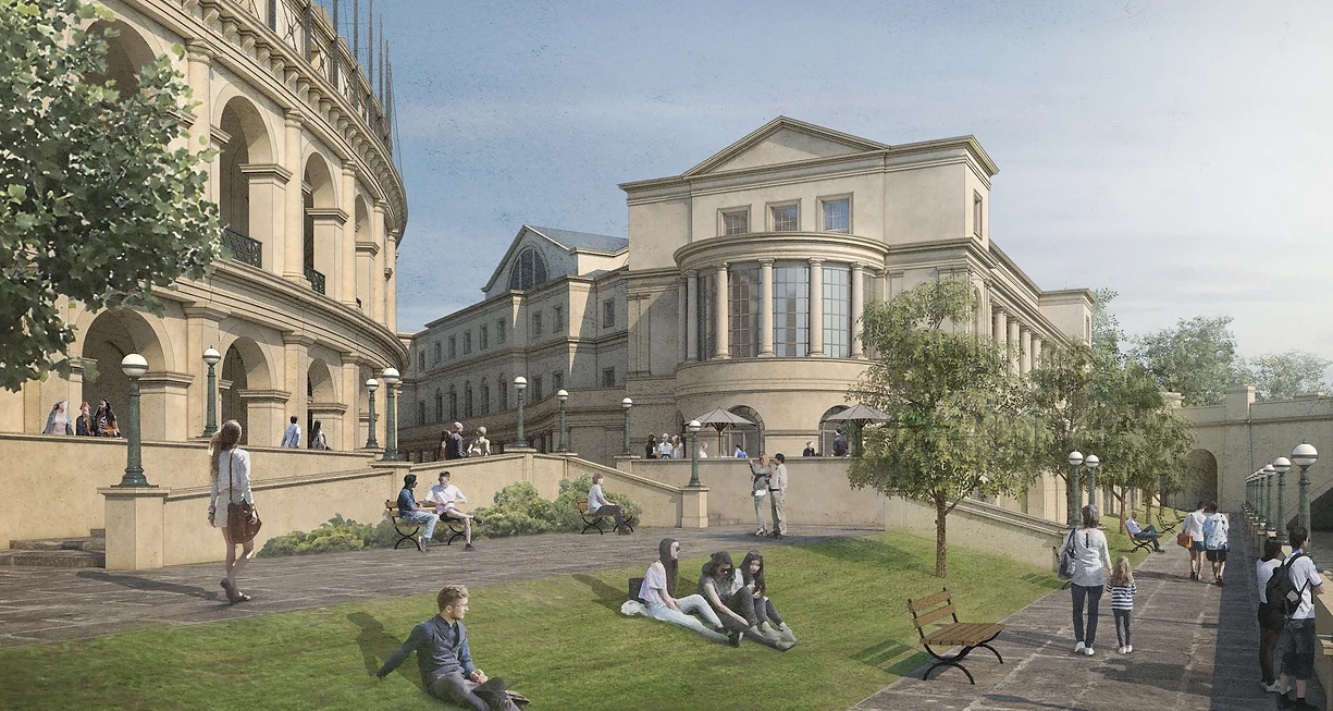 Il rendering della contro-proposta classica dei cittadini di Bath per lo stadio di rugby: pietra, verde, panchine in ferro, architettura georgiana