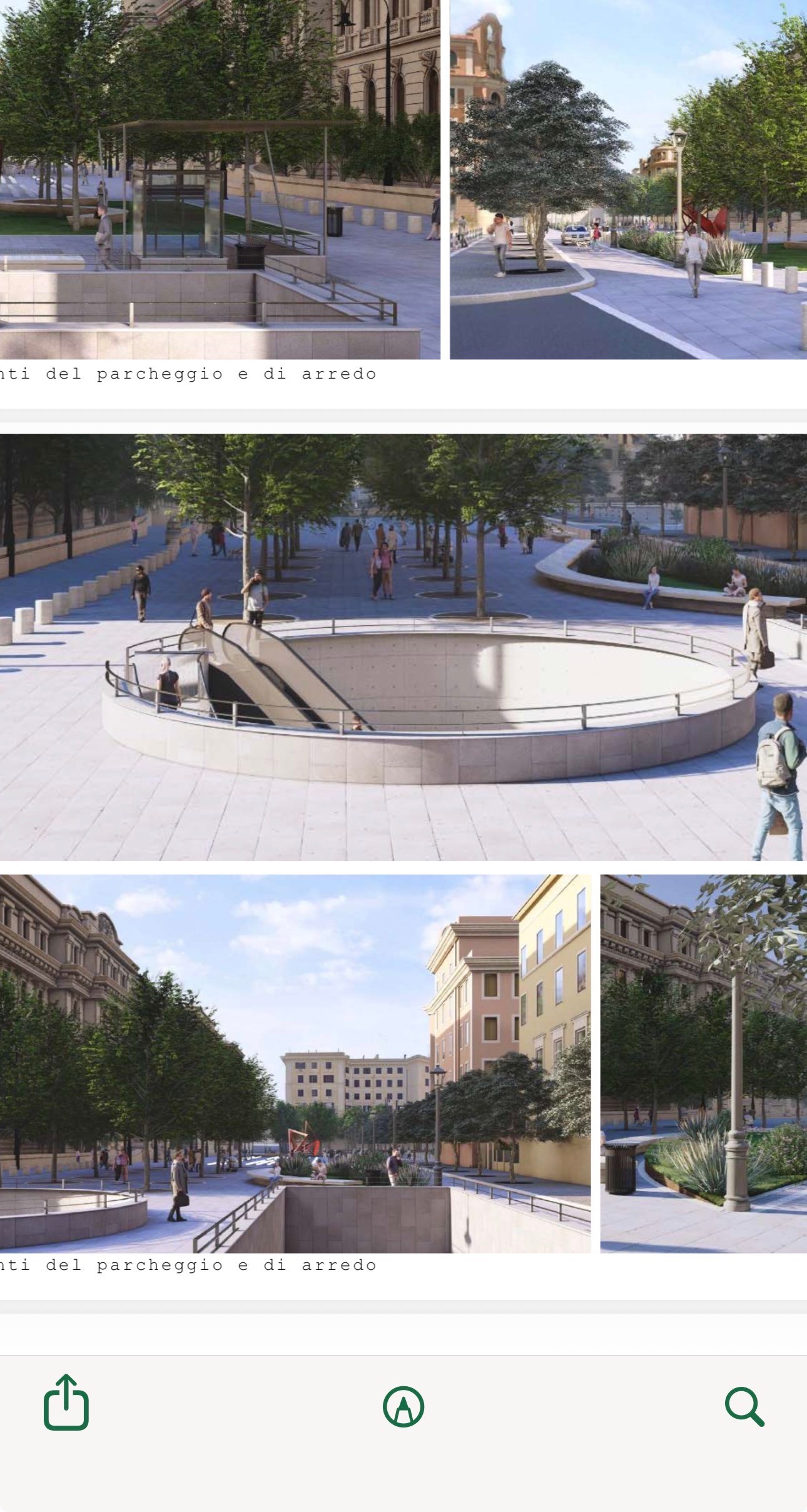 Rendering bozza: accesso circolare al parcheggio con pensilina in vetro e acciaio