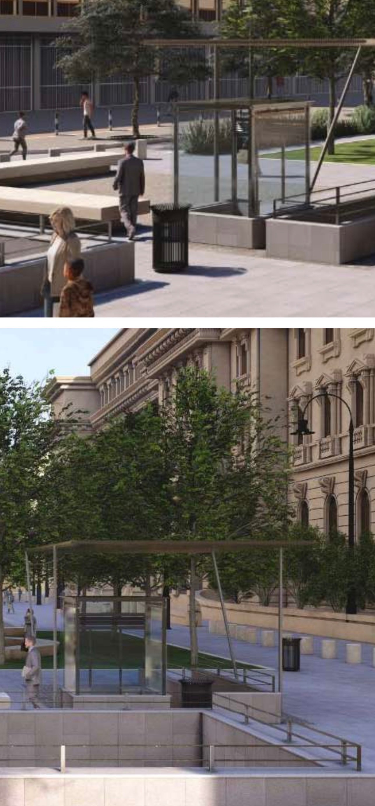 Rendering bozza: dettaglio arredi anonimi, pensilina vetro, accesso parcheggio