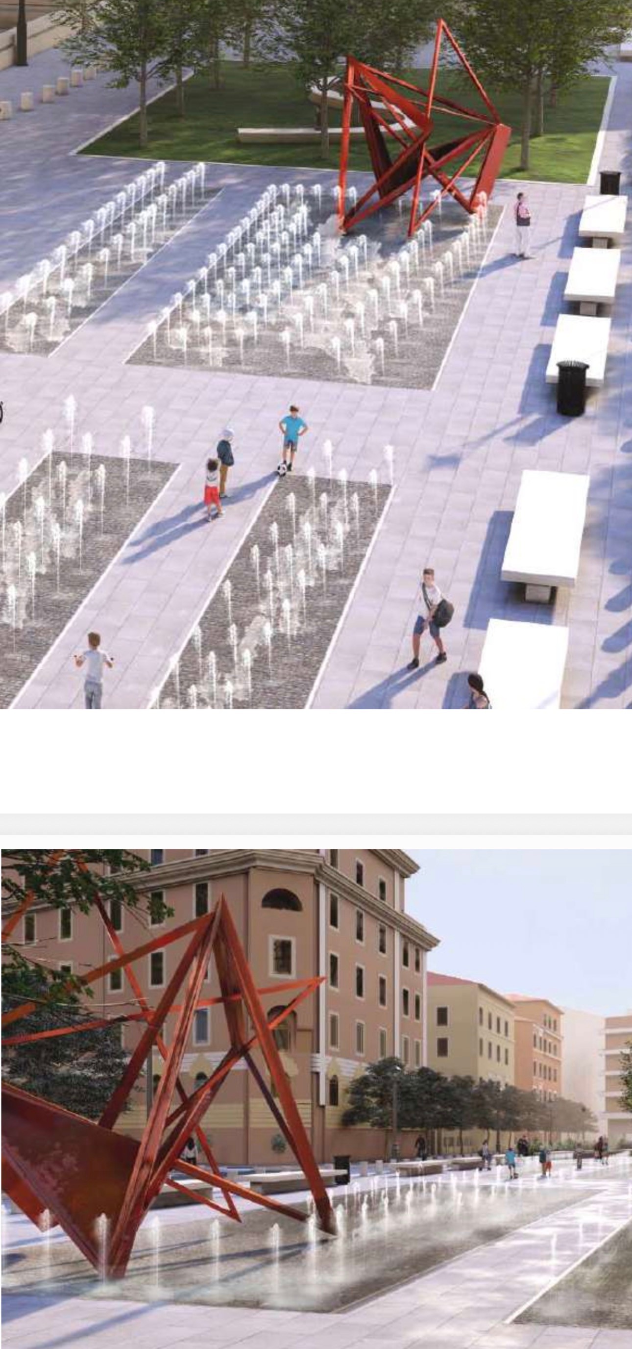 Rendering bozza: fontanelle a spruzzo a file e scultura rossa astratta vista dall'alto