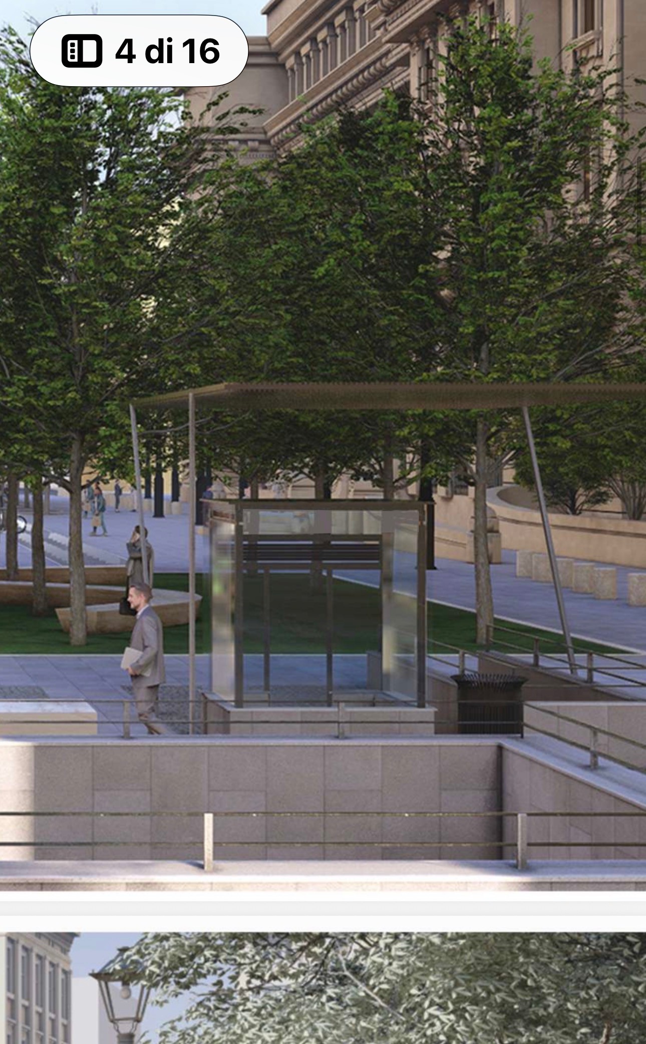 Rendering bozza: pensilina in vetro e acciaio con arredi anonimi e cestini industriali