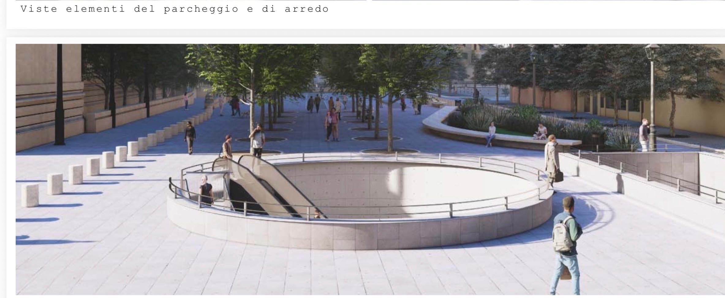 Rendering bozza: la voragine circolare dell'accesso al parcheggio in mezzo alla piazza