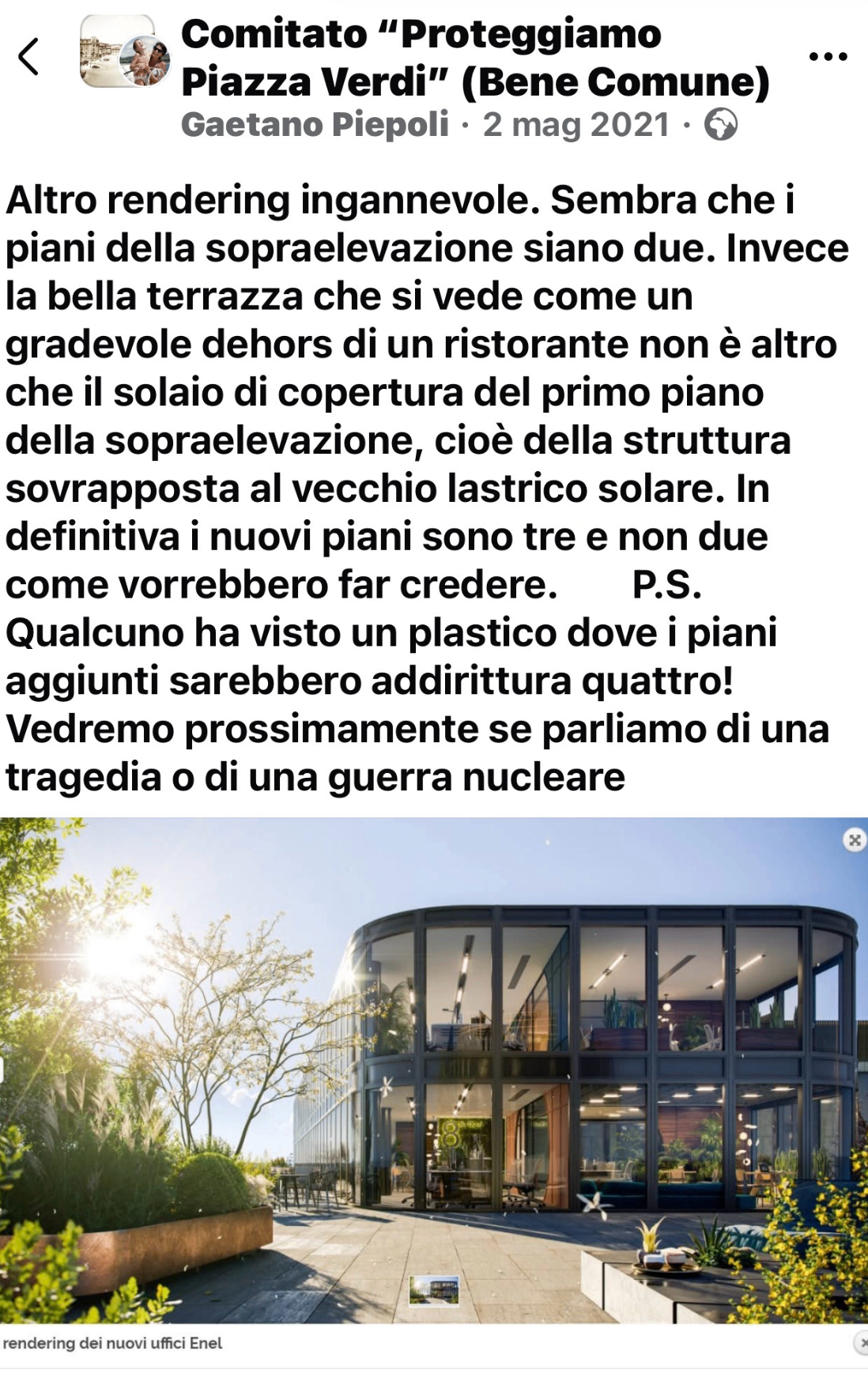 Post Facebook di Gaetano Piepoli del 2 maggio 2021 che smonta il rendering ingannevole