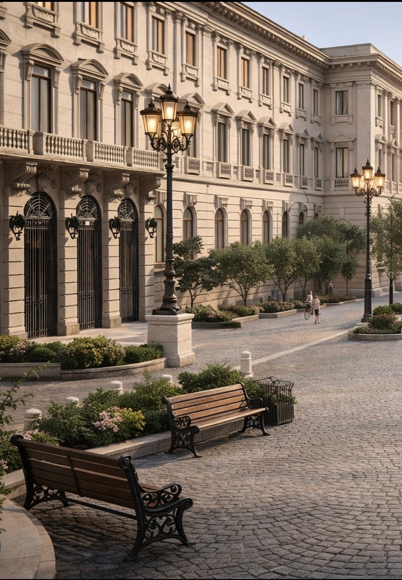 Dettaglio: lampioni decorati in ferro battuto, panchine classiche, sampietrini e aiuole