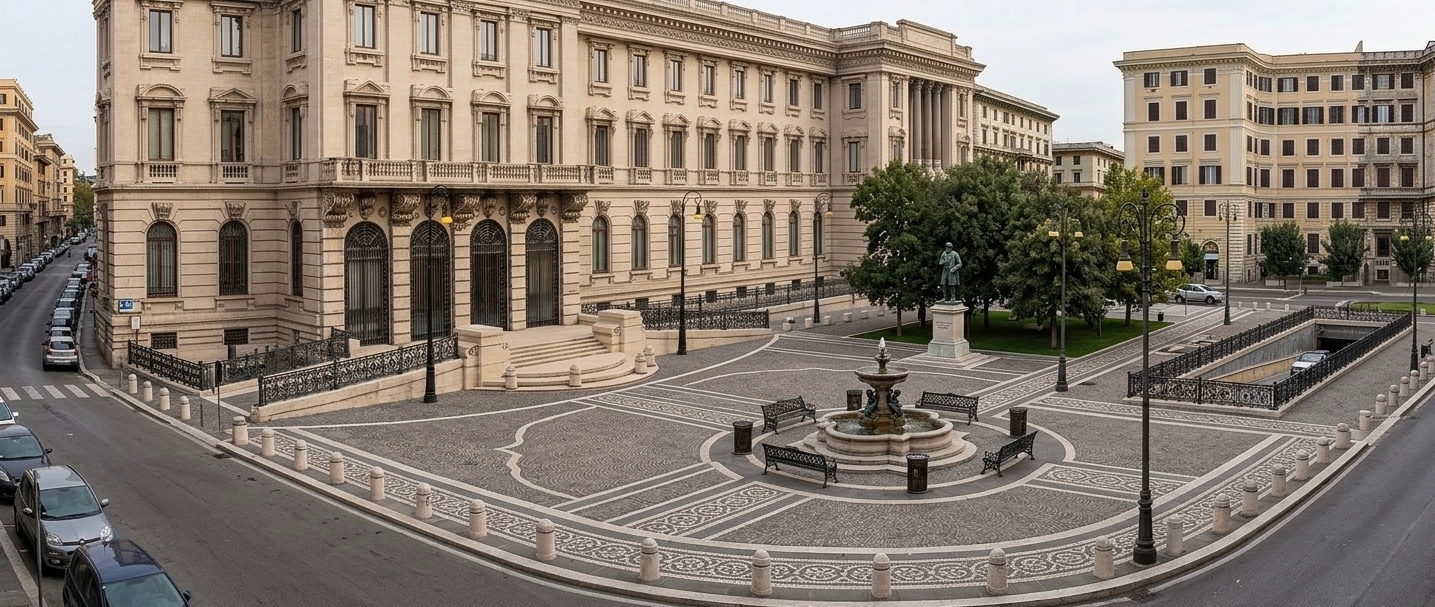Vista panoramica diurna con pavimentazione decorativa, fontana e statua di Verdi