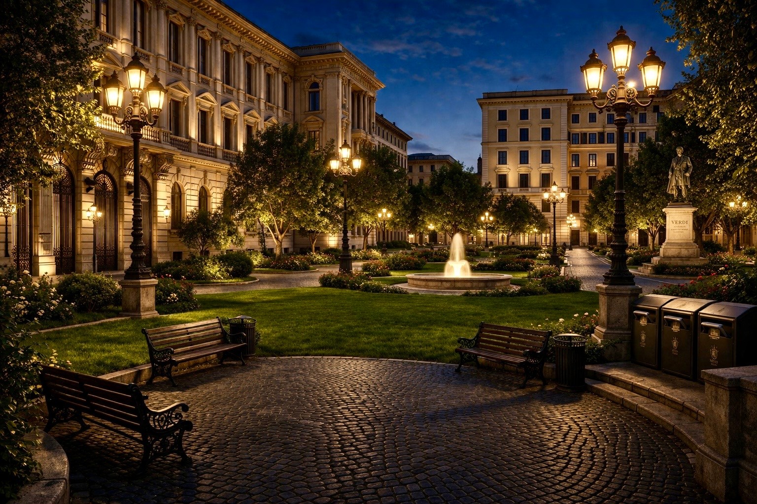 Piazza Verdi come potrebbe essere: fontana illuminata, statua di Verdi, lampioni umbertini, verde curato, sampietrini - visione notturna
