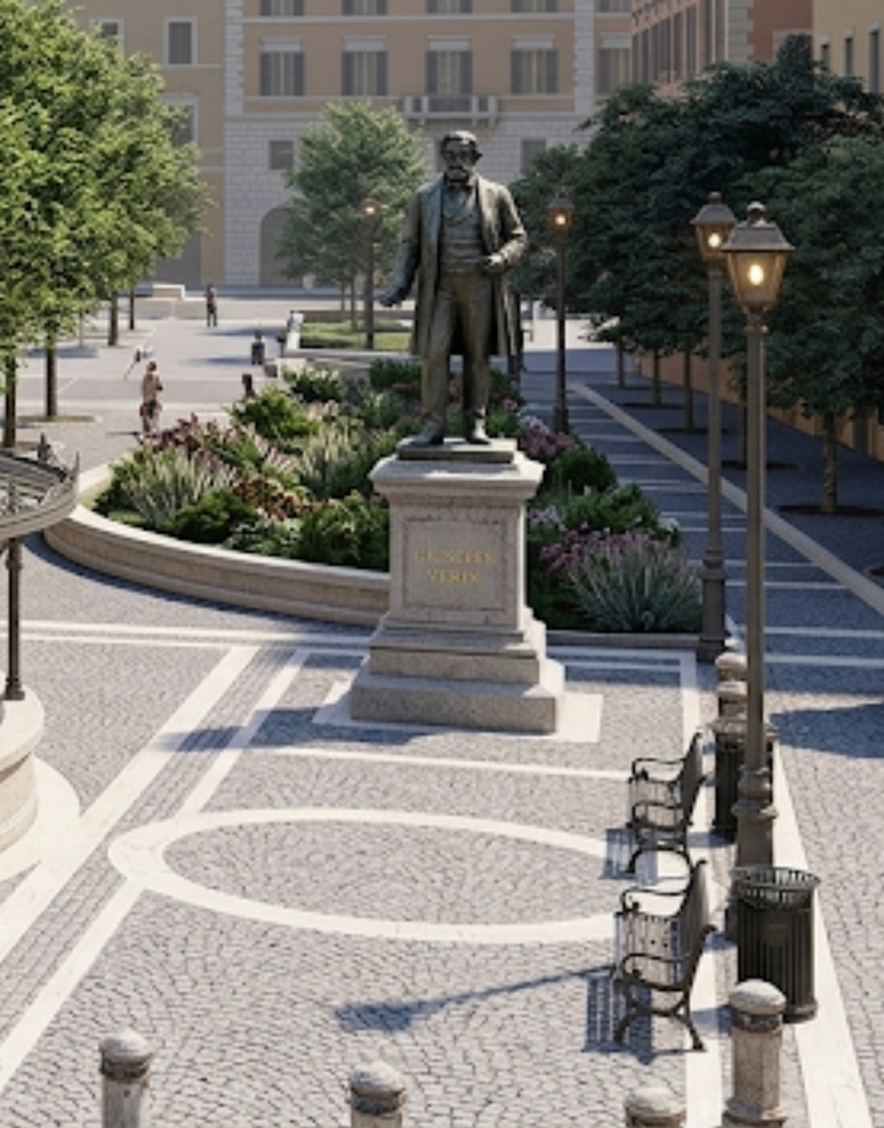 Rendering del monumento classico a Giuseppe Verdi in bronzo su piedistallo